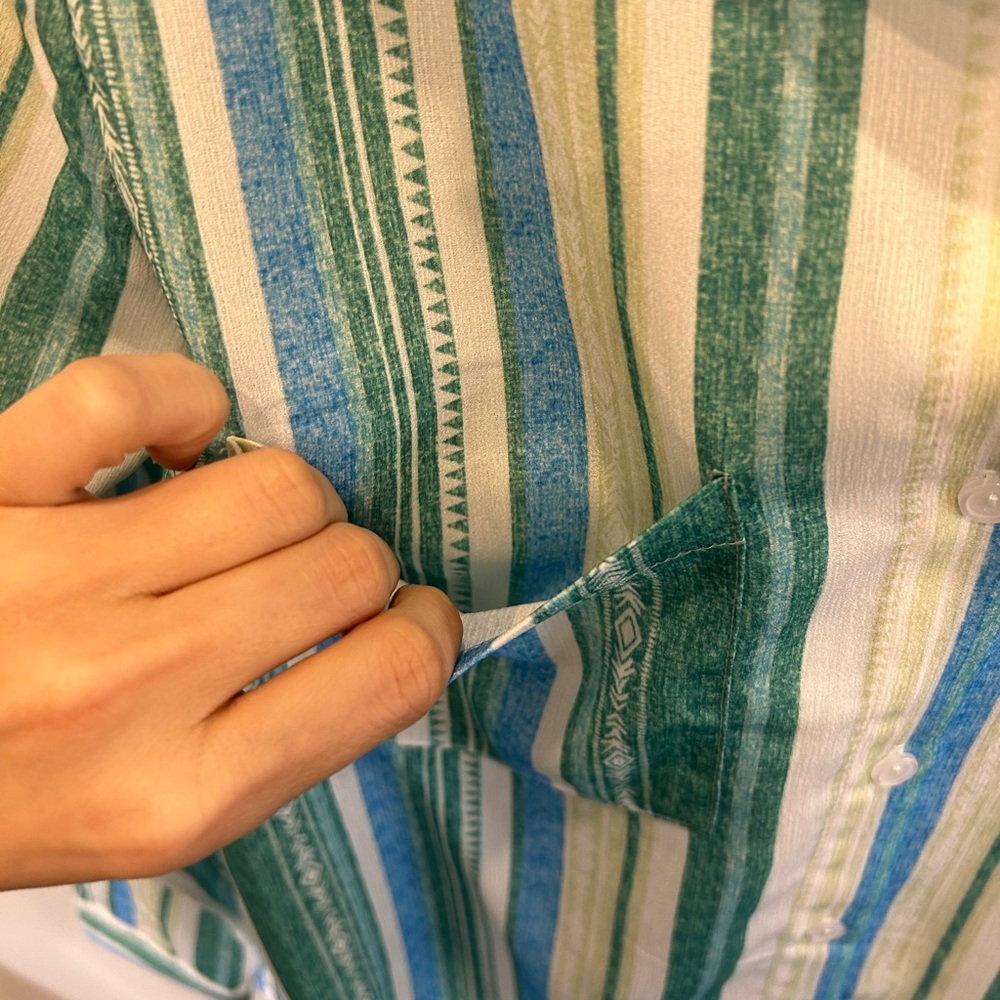 NWOT Striped Blue Green Aztec Print Button Down Shirt Roll Tab Sleeves S - Picture 13 of 14